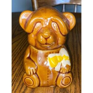 Vintage Honey Pot Sad Teddy Bear Ceramic Honey Jar 1982 Houston Foods